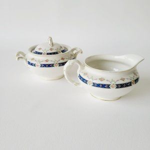 Rare Vintage Johnson Bro Sugar Bowl & Creamer, Blue Accent, Pink Floral, CRAZING